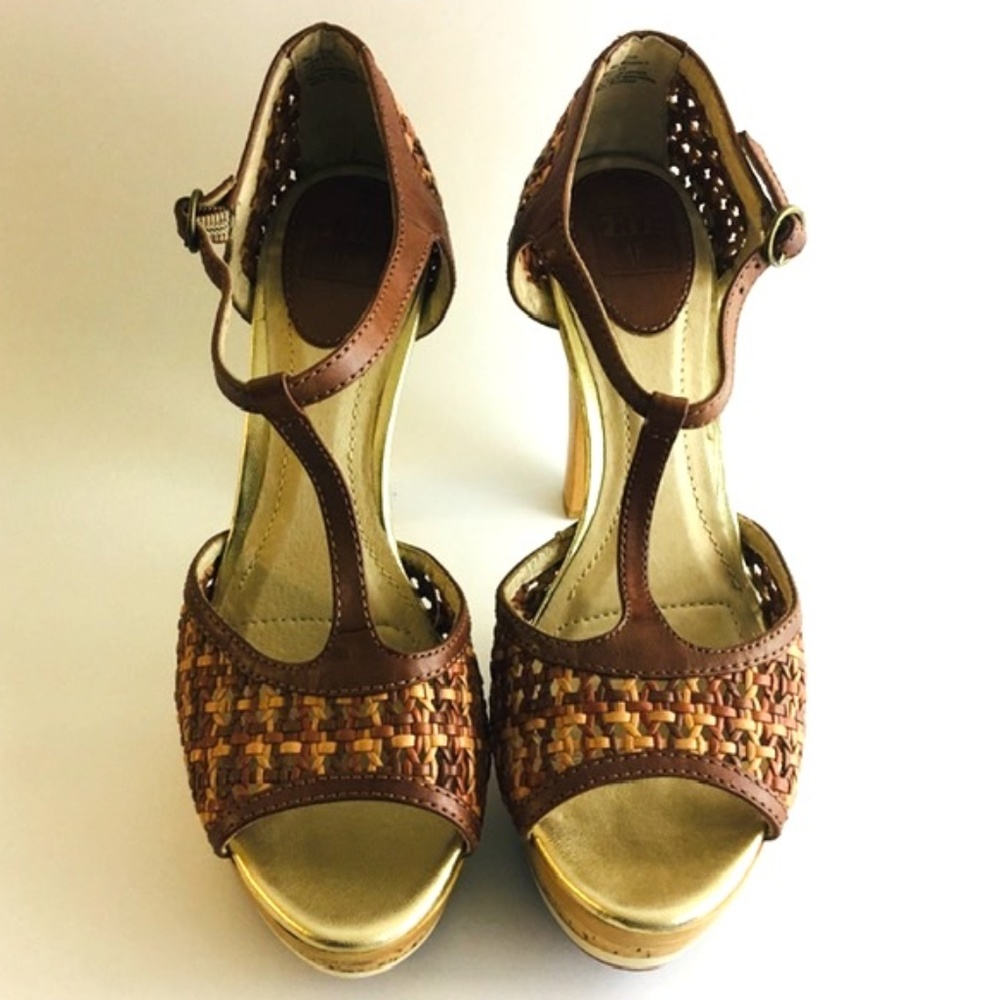 Frye Kara Woven T Strap Leather, Wood, Cork Heels
